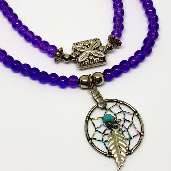Sterling Silver Purple Bead Two Layer Dream Catcher Necklace Southwest Style - Picture 5 of 11